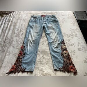 Ferzige Y2K Floral Embroidery Patchwork Beaded Bootcut Jeans 30 Boho Fairycore